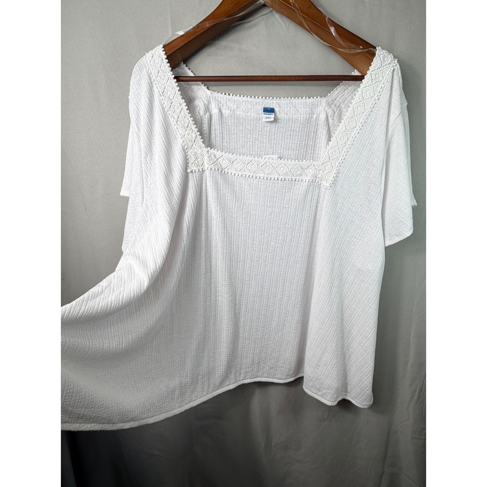 Old Navy Women Top White 3X Linen Blend Crochet Trim Square Neck Short Sleeve
